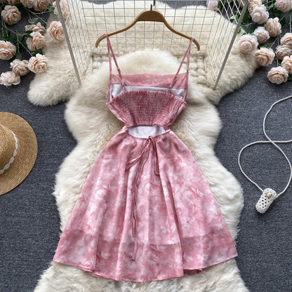 Robe rose florale sexy à fines bretelles pour femmes P143