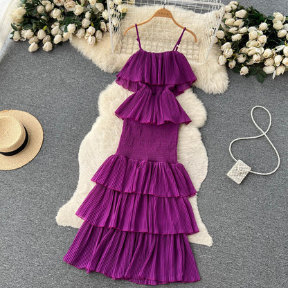 süßes Sommerkleid für Damen aus Chiffon mit Rüschen und Spaghettiträgern P137