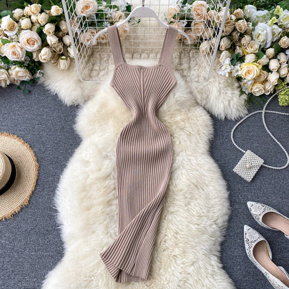 Sexy Spaghettiträger-Kleid Eng anliegendes Strickkleid Damen Urlaubskleid P171