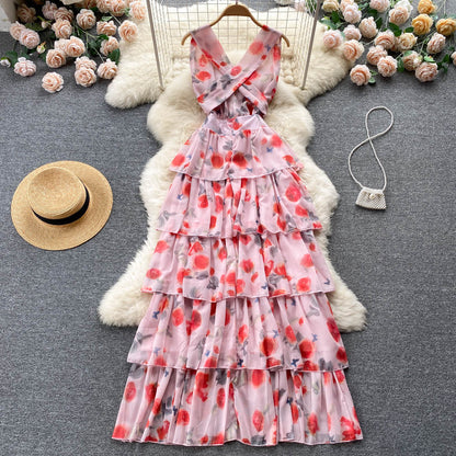 Süßes Sommerkleid mit V-Ausschnitt und Blumenmuster für Damen, Urlaubskleid P174