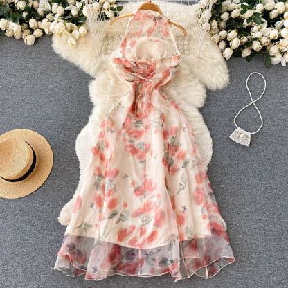 Süßes Neckholder-Sommerkleid mit Blumenmuster für Damen, Urlaubs-Kleid P175