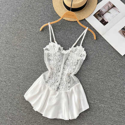 Sexy Spaghettiträger Sommer Kurzes Spitzenkleid Damen Urlaubskleid P189