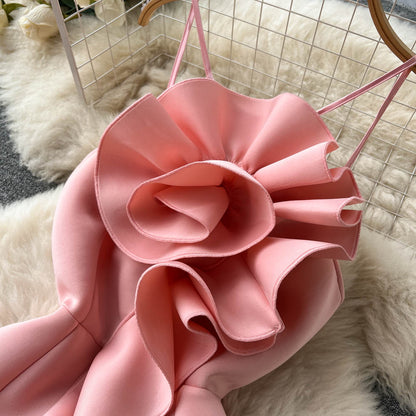 Sexy Meerjungfrau Spaghetti-Träger Rüschen Satin Blumen Kleid Damen Kleid P147