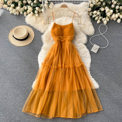 Sexy Trägertüll Rüschenkleid Damen Urlaubs-Kleid P209