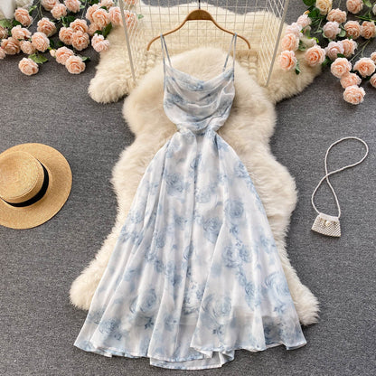 Robe d'été sexy évasée à fines bretelles pour femme P096