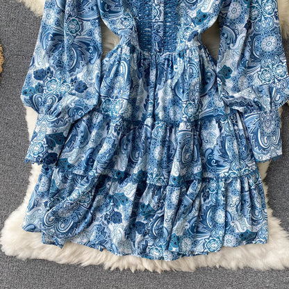 Robe trapèze vintage à manches longues et imprimé floral pour femme P102