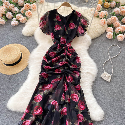 sexy Meerjungfrauen-Kleid mit V-Ausschnitt, Blumenmuster, Damenkleid P098