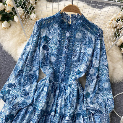 Robe trapèze vintage à manches longues et imprimé floral pour femme P102