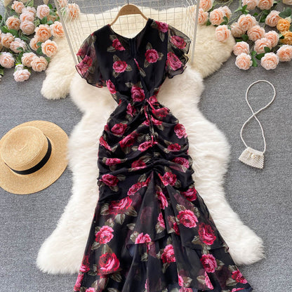 sexy Meerjungfrauen-Kleid mit V-Ausschnitt, Blumenmuster, Damenkleid P098