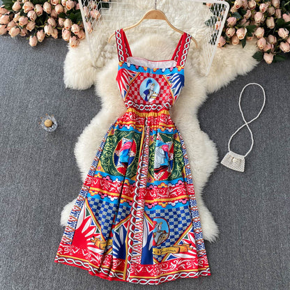 Vintage Träger Rot Kleid Sommer Damen Urlaubs-Kleid P218