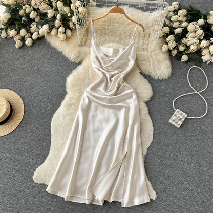 Sexy Spaghetti-Träger Seidensatin-Kleid Damen Partykleid P192