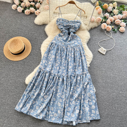 Vintage Spaghettiträger Blumenkleid Damen Urlaubskleid P185