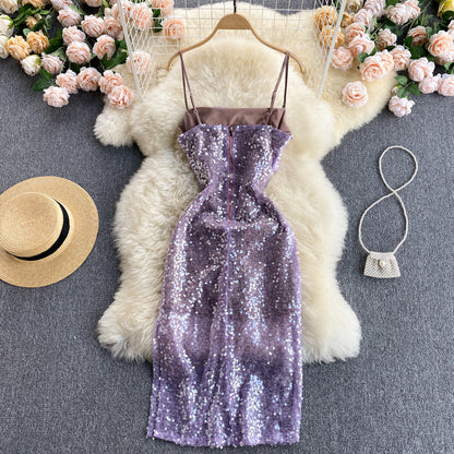 Vintage Spaghettiträger Trauben-Paillettenkleid Damen Urlaubskleid P186