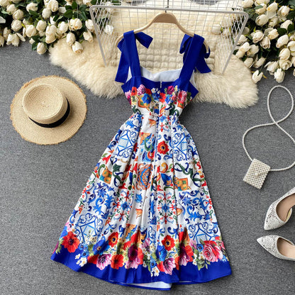Vintage Träger Süßes Sommer-Boho-Kleid Damen Urlaubs-Kleid P200
