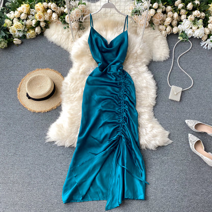 Sexy Spaghetti Straps Backless Silk Satin Dress Women Summer Holiday D Sexy Spaghetti Straps Backless Silk Satin Dress Women Summer Holiday D