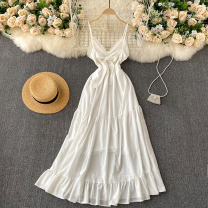 Sexy Spaghettiträger Rückenfreies Spitzenkleid Weiß Sommer Damen Urlaubskleid P216