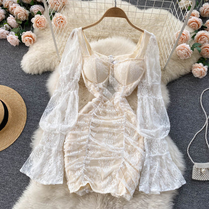 Vintage-Spitze Langarm Kurzes Sommerkleid für Damen P122