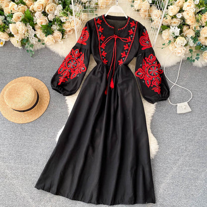 Boho-Kleid mit Stickerei, Rundhals und Ballonärmeln für Damen P083