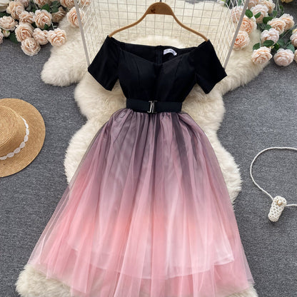 Jolie robe évasée rose dégradée à épaules dénudées pour femme P085
