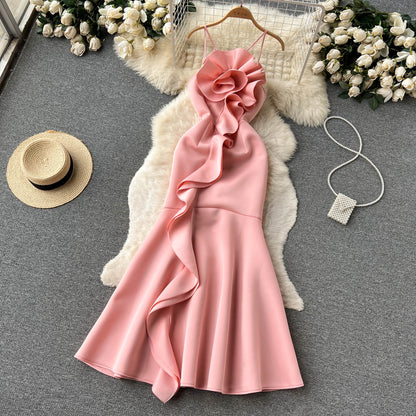 Sexy Meerjungfrau Spaghetti-Träger Rüschen Satin Blumen Kleid Damen Kleid P147