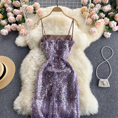 Vintage Spaghettiträger Trauben-Paillettenkleid Damen Urlaubskleid P186