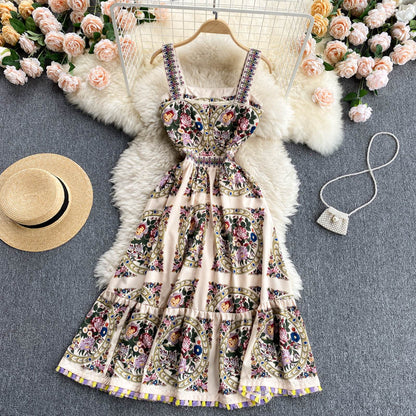 Palastkleid Damen Sommer Retro Bedrucktes Trägerkleid Damen Urlaubskleid P182