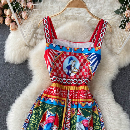 Vintage Träger Rot Kleid Sommer Damen Urlaubs-Kleid P218