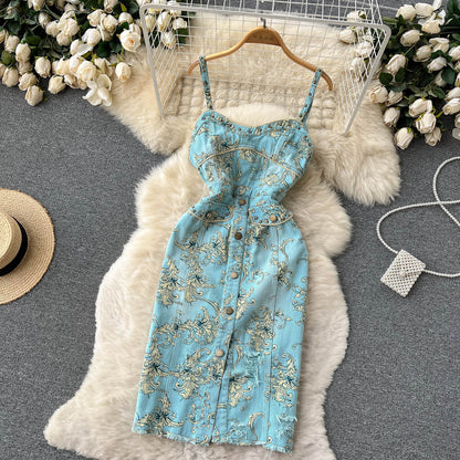 Sexy Spaghettiträger Sommerkleid mit Blumenmuster Damen Urlaubs-Kleid P169