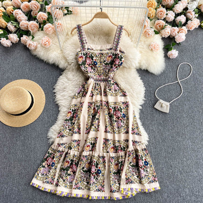 Palace Dress Women Summer Retro Printed Suspender Dress Women Holiday