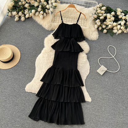 süßes Sommerkleid für Damen aus Chiffon mit Rüschen und Spaghettiträgern P137