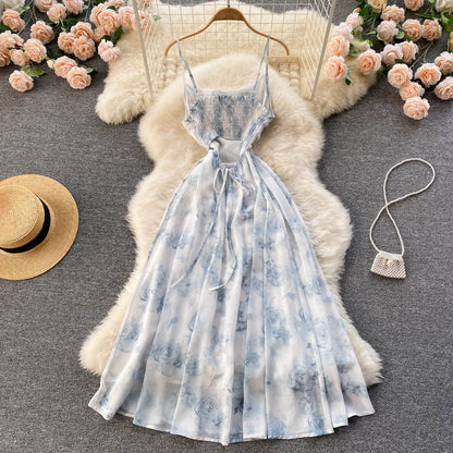 Robe d'été sexy évasée à fines bretelles pour femme P096