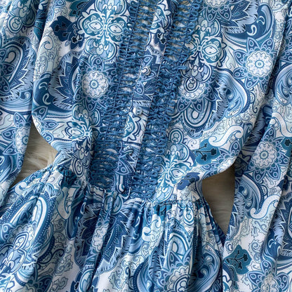 Robe trapèze vintage à manches longues et imprimé floral pour femme P102