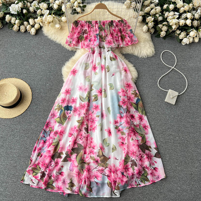Süßes schulterfreies Kleid mit Schlitz und Blumenmuster für Damen P112