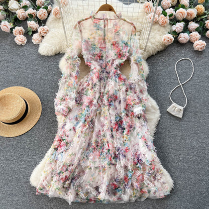 Süßes Langarm-Blumenkleid Damenkleid P109