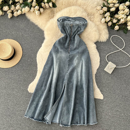 Hot Girl Retro Denimrock Damen A-Linien-Kleid lang P125