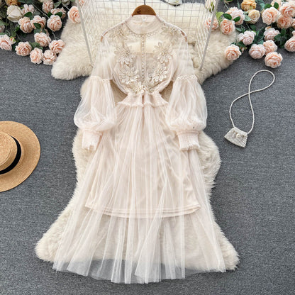 Vintage A-Linien-Kleid mit langen Ärmeln und Spitze für Damen P230