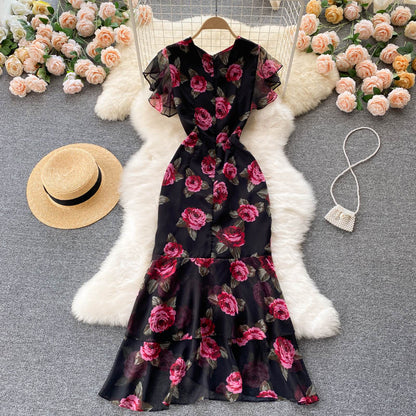 sexy Meerjungfrauen-Kleid mit V-Ausschnitt, Blumenmuster, Damenkleid P098