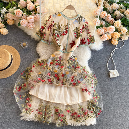 Vintage A line short sleeves floral dress women's dress P101