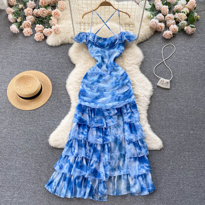 Süßes schulterfreies langes blaues Blumenkleid Damen Urlaubskleid P234