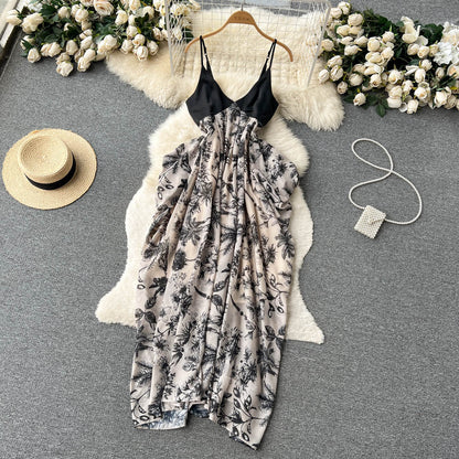 Sexy V-Ausschnitt rückenfreies Kleid Damen Tintenmalerei neue Träger unregelmäßiges Urlaubskleid P238