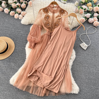 Vintage A-Linien-Kleid mit langen Ärmeln und Spitze für Damen P230