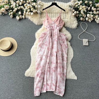 Sexy V-Ausschnitt rückenfreies Kleid Damen Tintenmalerei neue Träger unregelmäßiges Urlaubskleid P238