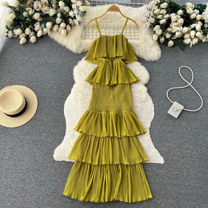 süßes Sommerkleid für Damen aus Chiffon mit Rüschen und Spaghettiträgern P137