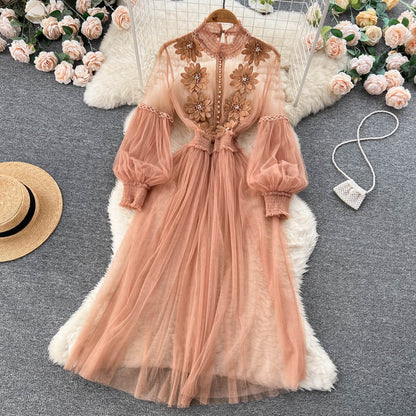 Vintage A-Linien-Kleid mit langen Ärmeln und Spitze für Damen P230