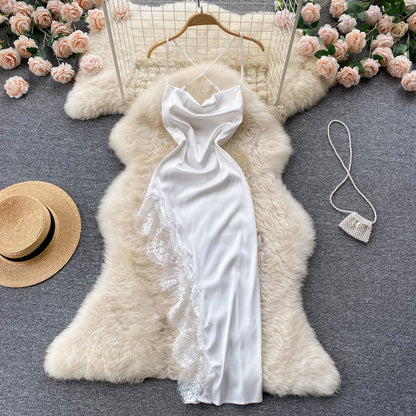 Sexy Spaghettiträger Sommer Spitzen High-Low-Kleid Damenkleid P127