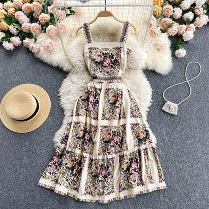 Palastkleid Damen Sommer Retro Bedrucktes Trägerkleid Damen Urlaubskleid P182