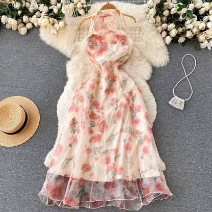 Süßes Neckholder-Sommerkleid mit Blumenmuster für Damen, Urlaubs-Kleid P175