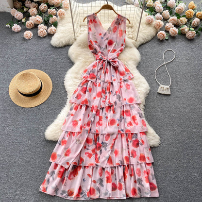 Süßes Sommerkleid mit V-Ausschnitt und Blumenmuster für Damen, Urlaubskleid P174