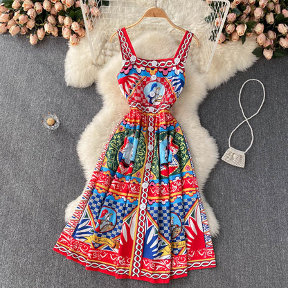 Vintage Träger Rot Kleid Sommer Damen Urlaubs-Kleid P218