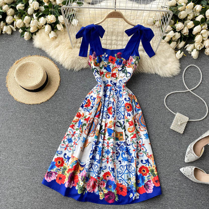 Vintage Träger Süßes Sommer-Boho-Kleid Damen Urlaubs-Kleid P200